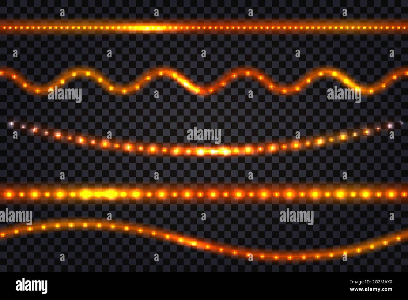 LED-Licht Girlanden mit Neon-Glow-Effekt, mit Glitzerlicht Satz von Linien beleuchtet Streifen und Wellen, isolierte Bänder auf transparentem Hintergrund. V Stock Vektor