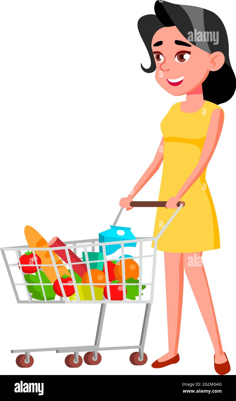 Junge Dame kaufen Produkte Lebensmittel im Supermarkt Cartoon-Vektor Stock Vektor
