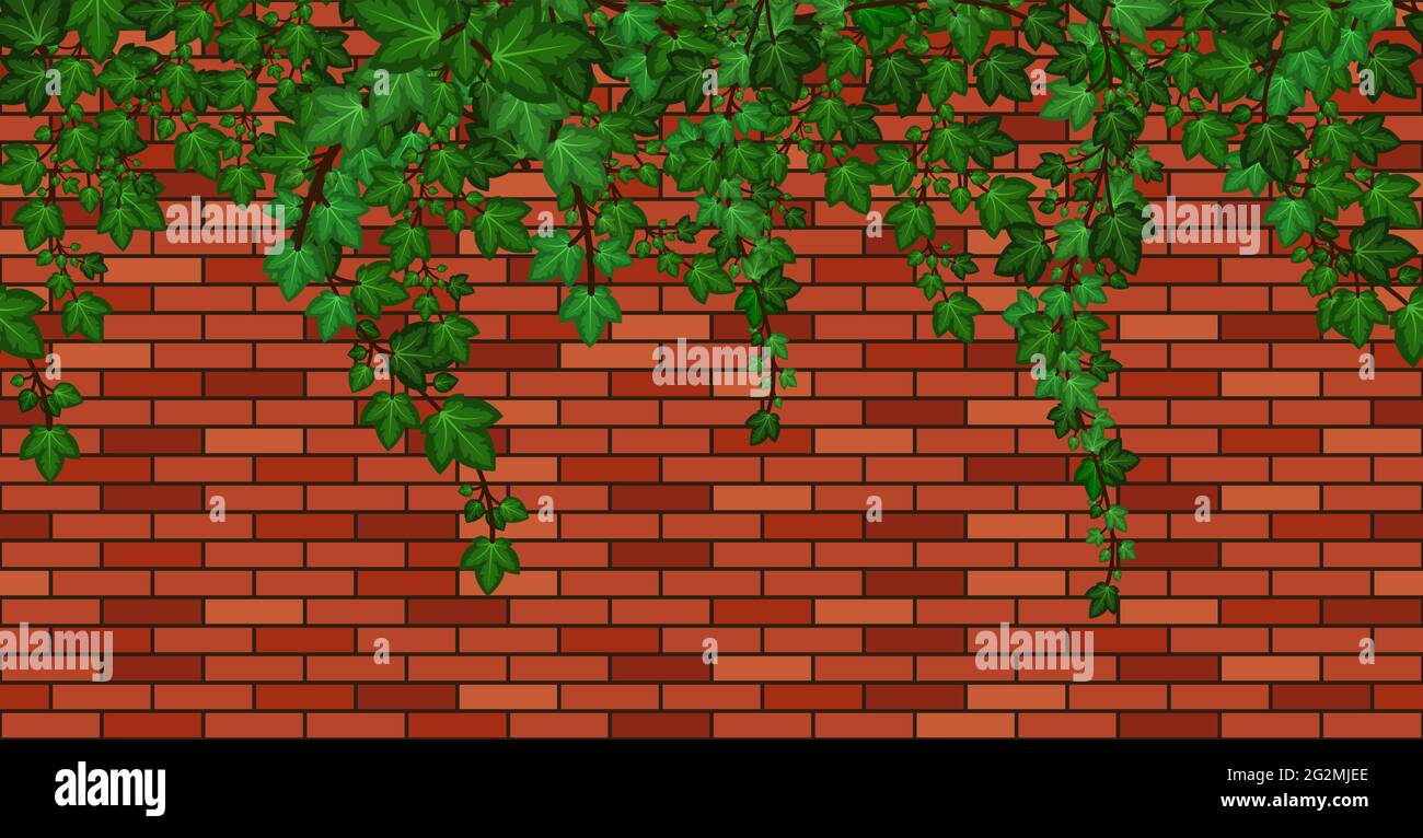 Birckwand mit Efeublättern. Grünes Efeu-Laub auf roten Ziegeln, einer Mauer oder einem Zaun. Nahtlose Wiederholung Muster, Cartoon-Hintergrund. Vektorgrafik Stock Vektor