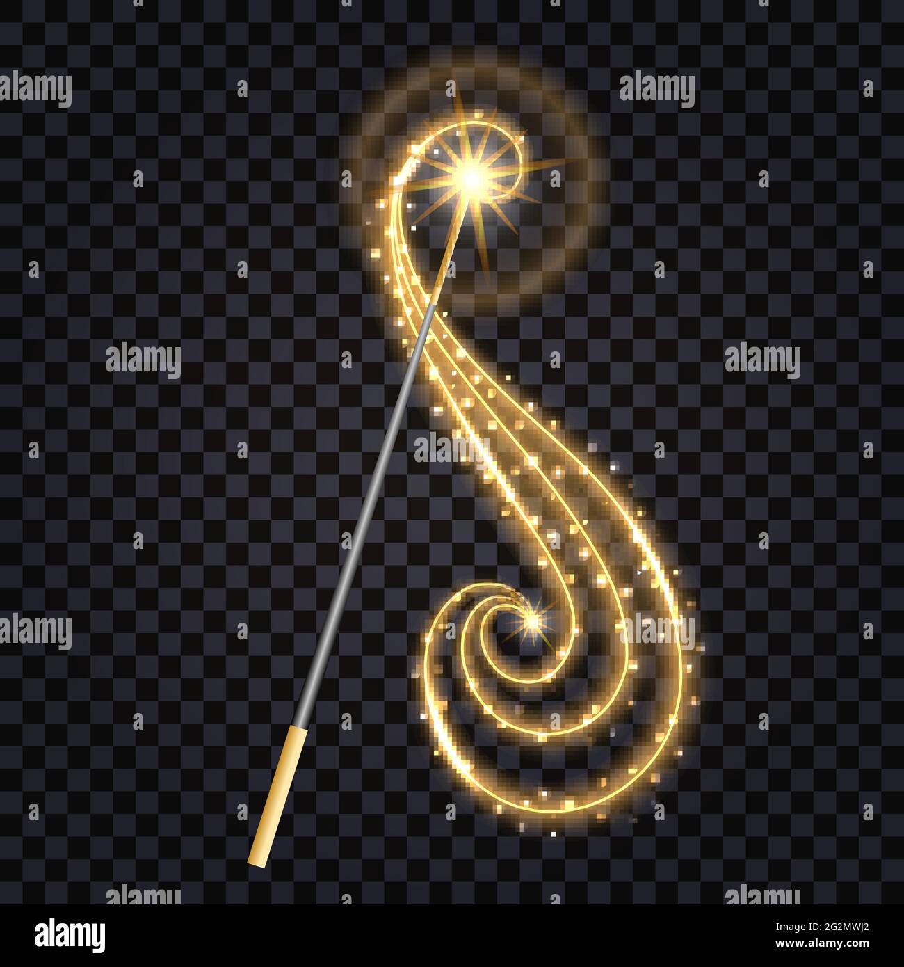 Zauberstab isoliert mit leuchtenden Funkeln, goldenem Sternenstaub-Glitzer und Lichteffekt auf transparentem Hintergrund. Vektorgrafik Stock Vektor
