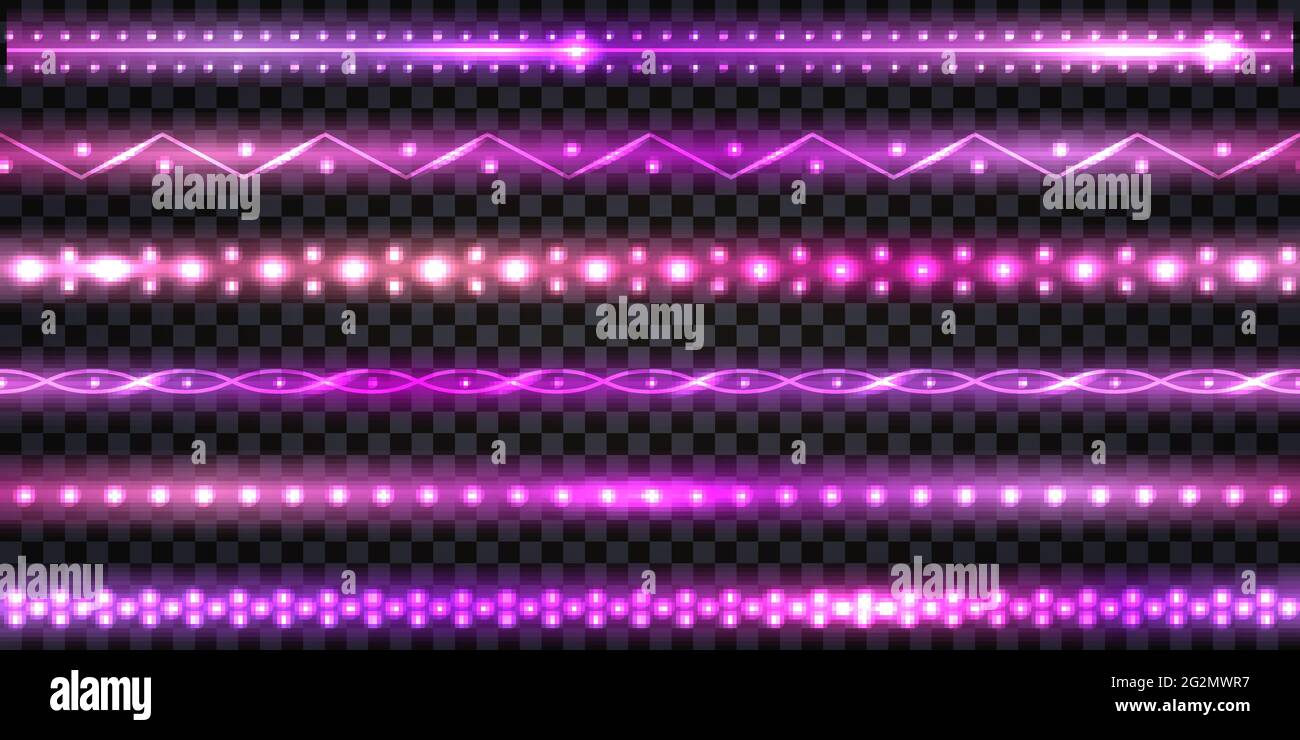 Lila LED-Streifen und Girlanden mit Neon-Effekt und Glitzerlicht. Leuchtende, glänzende Kordelbänder an der Bordüre, isoliert auf transparentem Hintergrund. Ve Stock Vektor
