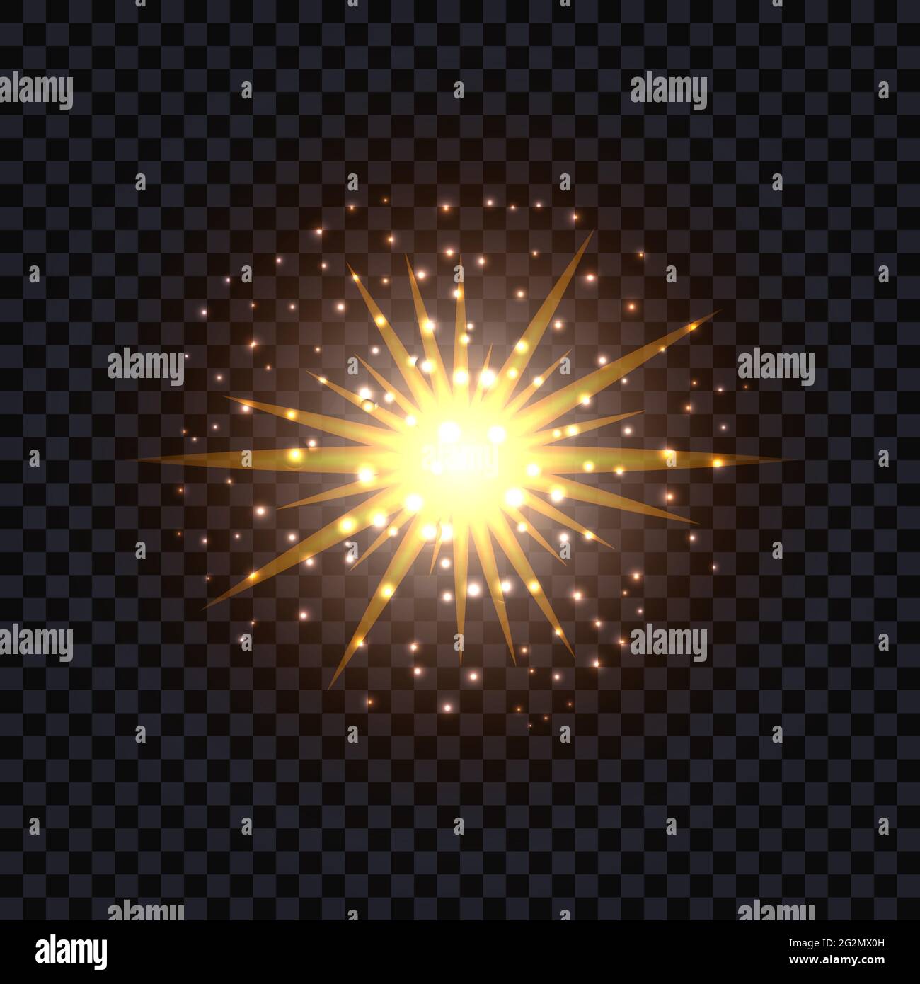 Goldenes glühendes Licht Blitzeffekt isoliert. Sonnenstrahlender Lichtreflexe mit glitzernden Funkeln und Staubpartikeln. Vektorgrafik Stock Vektor