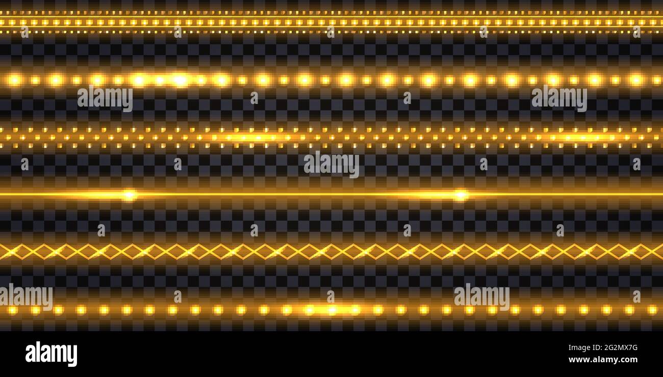 Goldene LED-Streifen und Girlanden mit neonstrahlendem Effekt und Glitzerlicht. Leuchtend glänzende goldfarbene Bordüren, isoliert auf transparentem Hintergrund. Vecto Stock Vektor