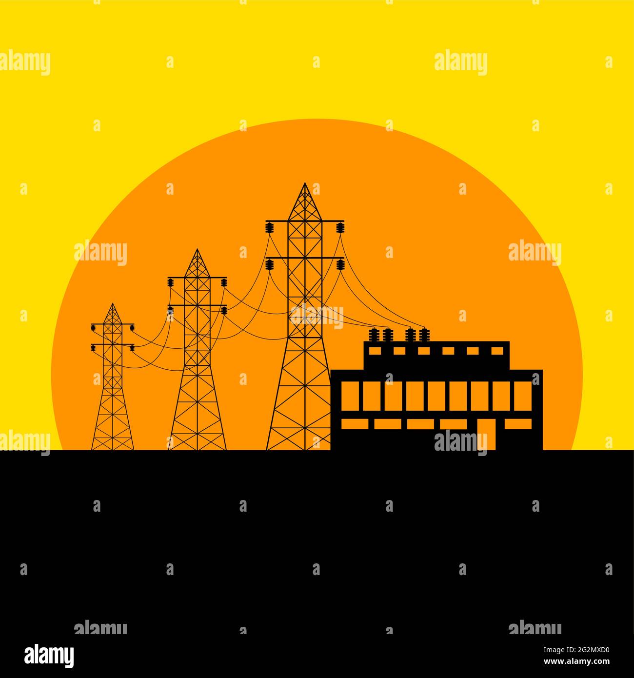 Hochspannungsleitung und Umspannwerk vor dem Hintergrund der untergehenden Sonne. Flache Vektorgrafik. Stock Vektor
