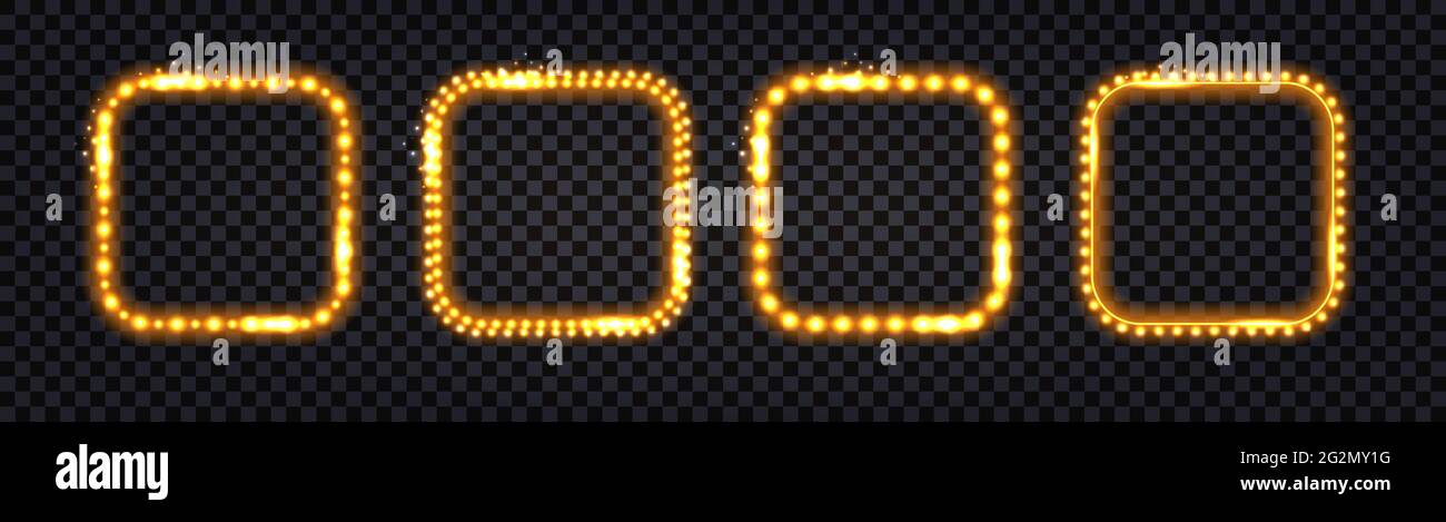 Goldene LED-Lichtrahmen isoliert mit Neon-Glühlicht. Leuchtend goldene quadratische Ränder, glänzende Girlanden; realistischer Lichteffekt; Beleuchtungseffekt. Dunkler Transport Stock Vektor
