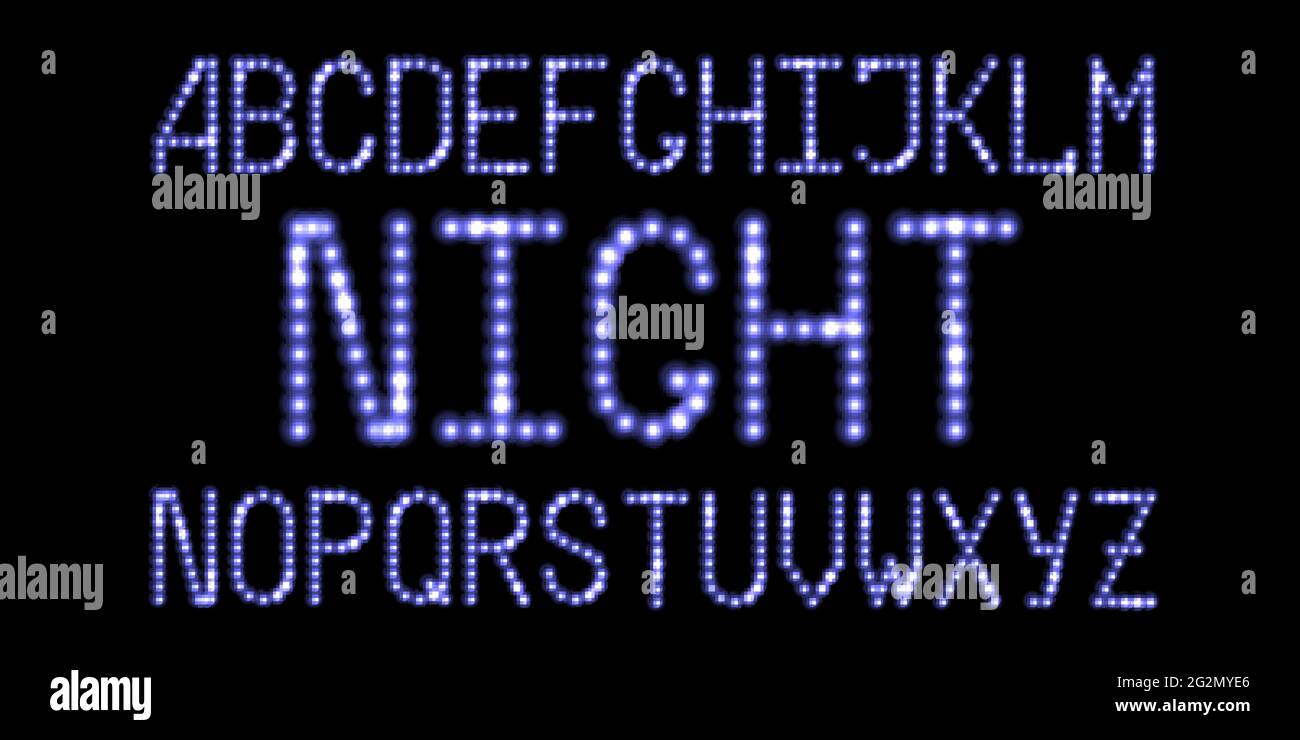 LED-Schrift mit blauem Neon-Leuchteffekt. Leuchtende gepunktete Buchstaben, digitales Alphabet mit glänzendes Flare. Weihnachtsnacht-Design. Vektordarstellung Stock Vektor