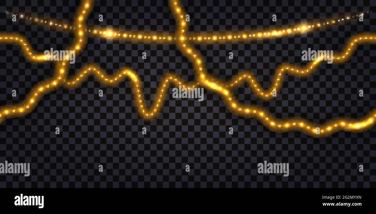 LED-Girlanden in leuchtendem Gold mit Neon-Effekt für Weihnachten oder Party-Dekoration. Glitzernde, golden beleuchtete Streifen mit Glanz und Schimmer auf dar Stock Vektor