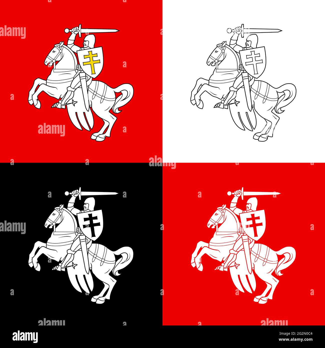 Die Varianten der Bilder des Reiters auf dem Pferd aus dem Wappen der Republik Weißrussland in 1991 - 1994. Vektorgrafik. Stock Vektor