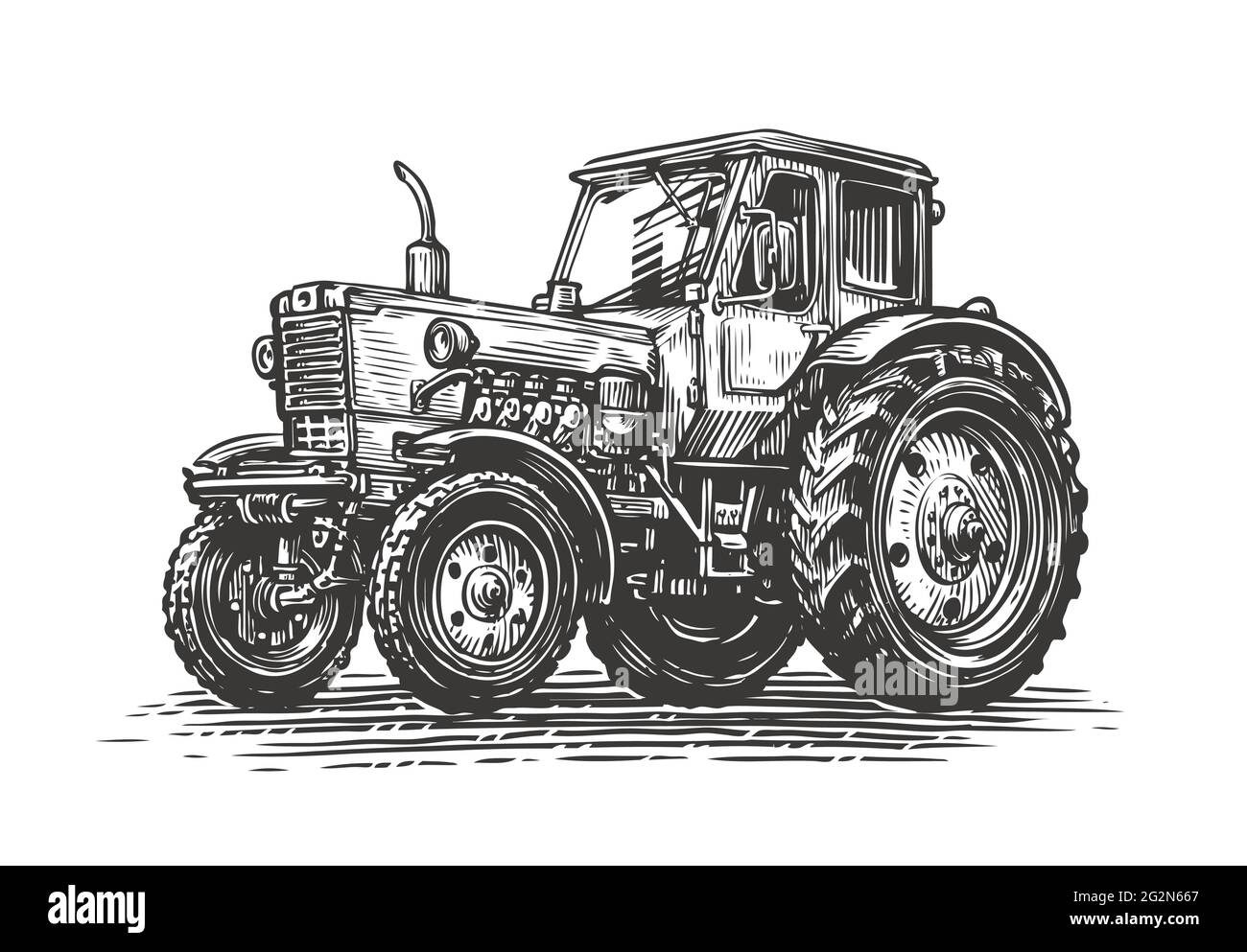 Skizze für den Traktor auf dem Bauernhof. Agrarindustrie, landwirtschaftliches Konzept. Vintage-Vektorgrafik Stock Vektor