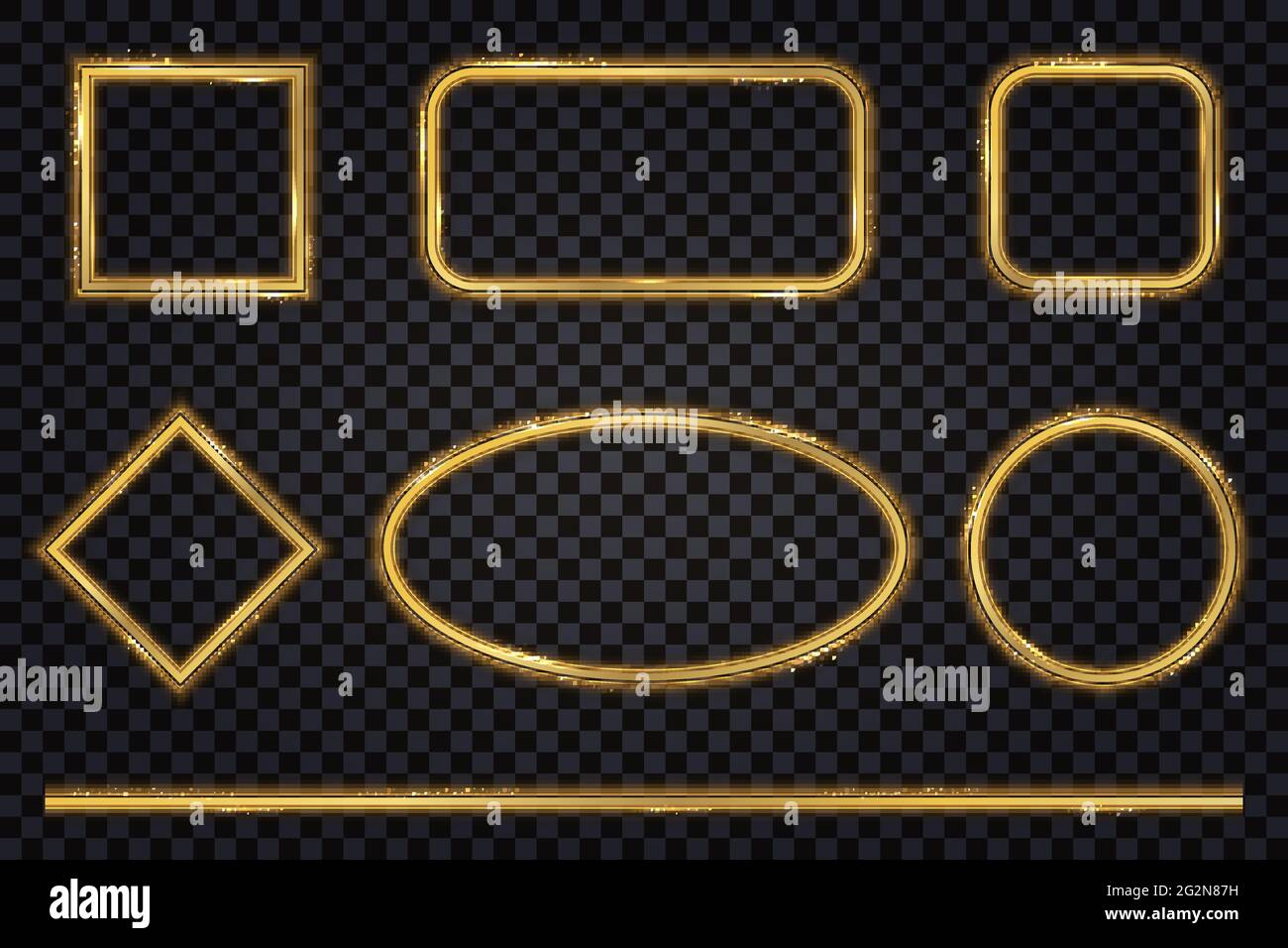 Set aus goldleuchtenden Rahmen mit Neonlicht-Glanzeffekt, Design-Elemente isoliert, Bordüren mit Glitzer und Glitzer. Vektorgrafik Stock Vektor