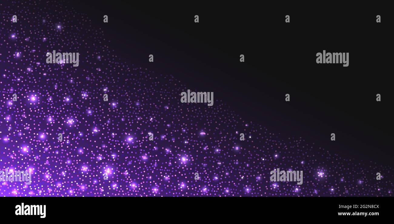 Lila Glitzer funkelt und leuchtender Sternenstaub auf dunklem Hintergrund. Fliegende glänzende Weihnachtsfunken mit schimmerndem Lichteffekt, Luxus dekorativ b Stock Vektor