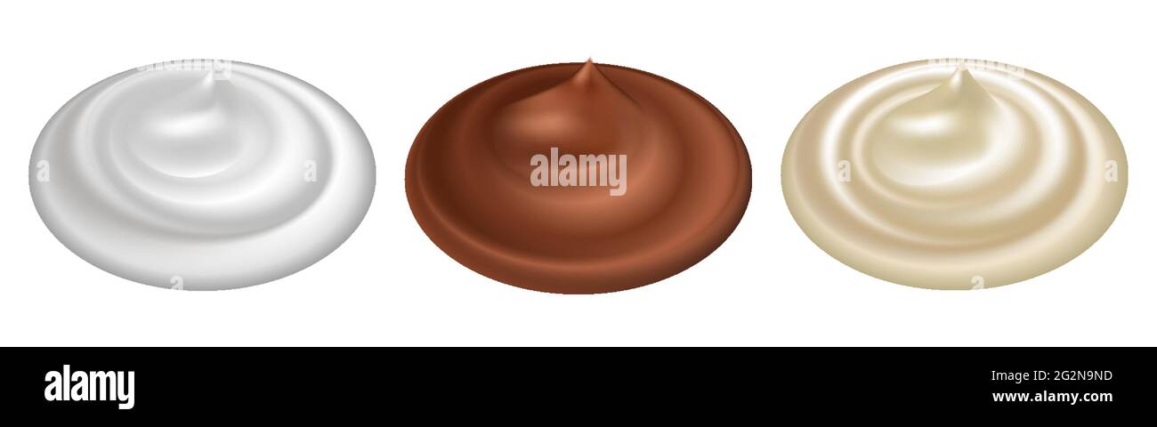 Schlagsahne, Schokoladenmousse, Mayonnaise. Satz von Wirbelspritzern. Cremige, realistische und glatte Textur. Isolierte Symbole. Vektorgrafik Stock Vektor