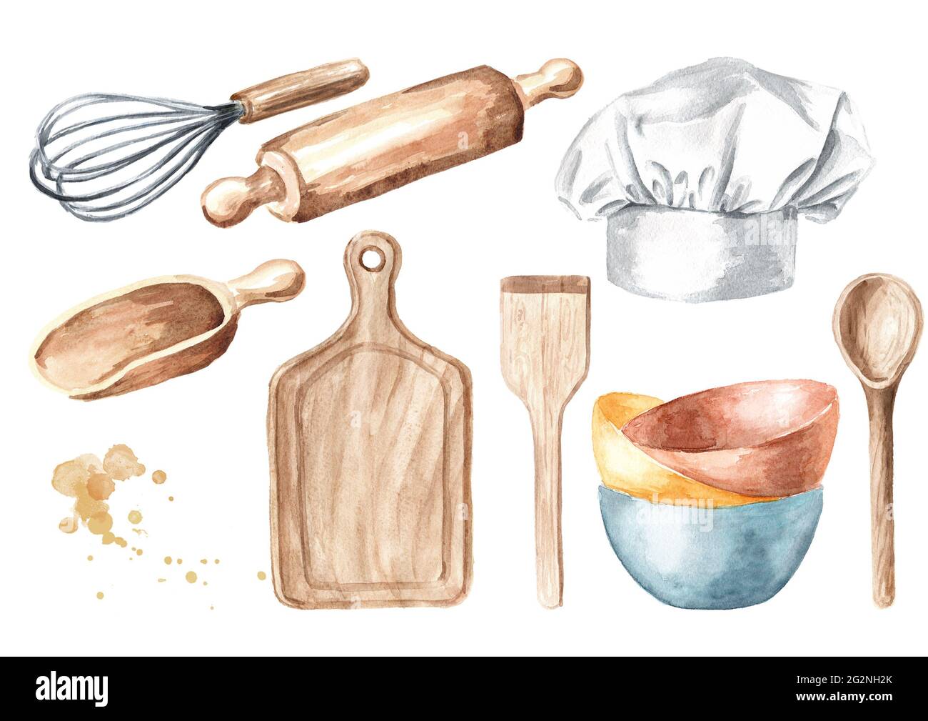 Küche Gebäck Werkzeuge Set. Schneidbrett aus Holz, Löffel, Spachtel, Schneebesen, Schüssel, Kochmütze. Handgezeichnete Aquarellillustration isoliert auf weißem Hintergrund Stockfoto