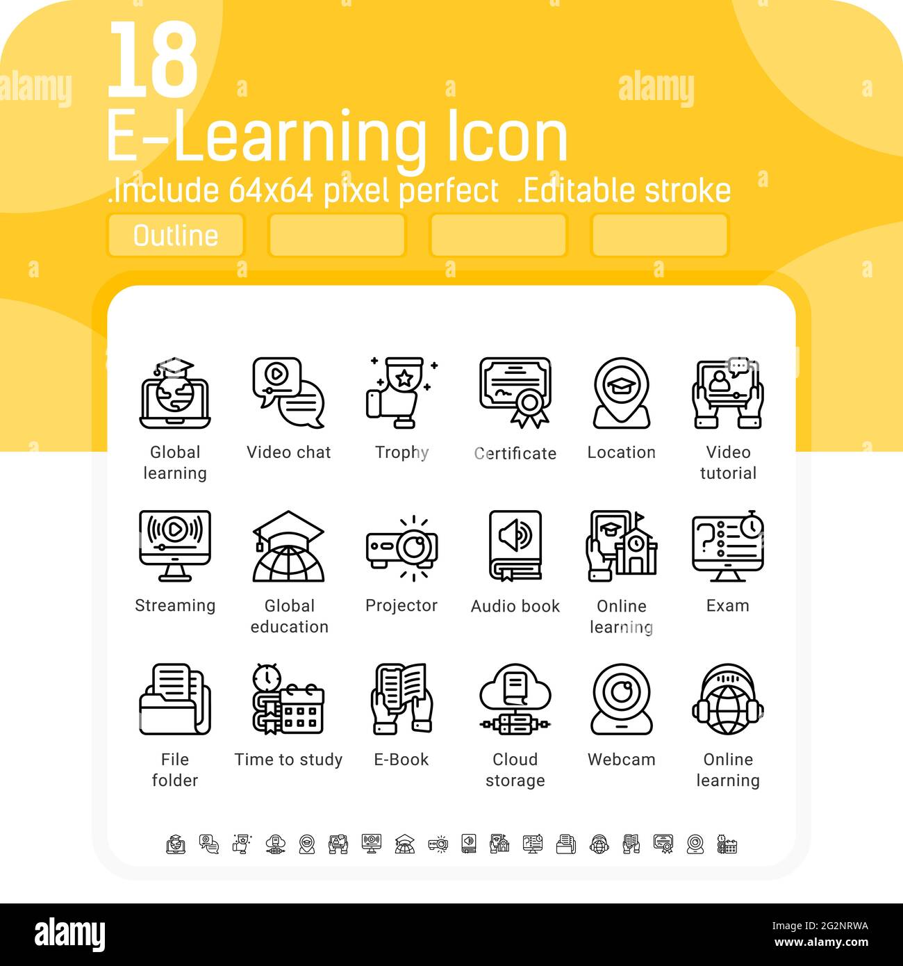 Sammlung von e-learning-Symbolen mit isoliertem Linienstil auf weißem Hintergrund. Vektorgrafik Online-Bildung, Symbol für Webinar-Zeichen Stock Vektor