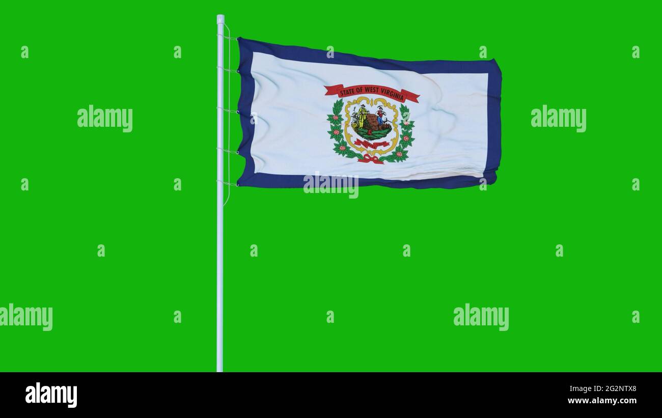 West Virginia State Flagge winkt auf Wind auf grünem Bildschirm oder Chroma-Taste Hintergrund. 3d-Rendering Stockfoto
