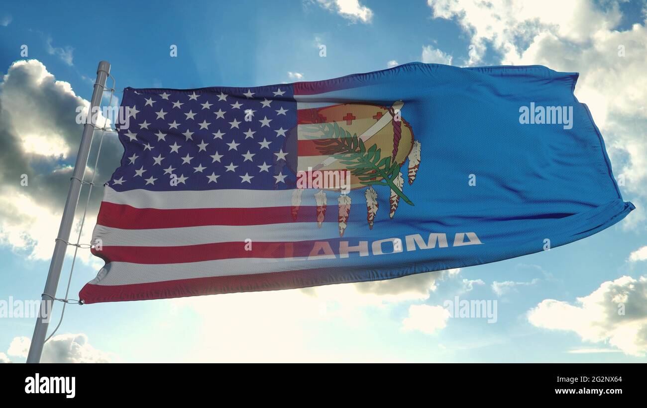 Flagge der USA und des Staates Oklahoma. USA und Oklahoma Gemischte Flagge winken im Wind. 3d-Rendering Stockfoto