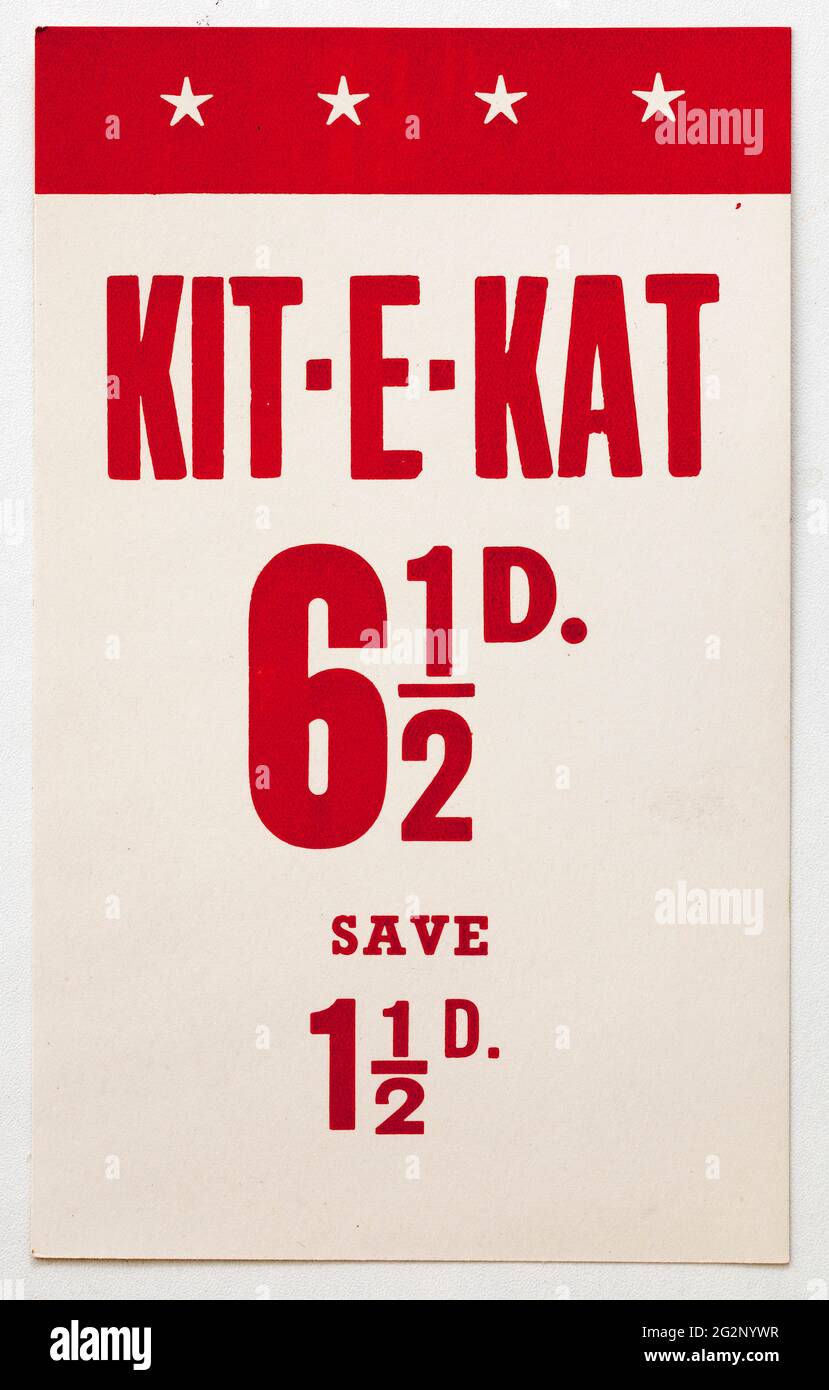 Vinatge 60s Shop Werbung Preis Display Card - Kit E Kat Stockfoto