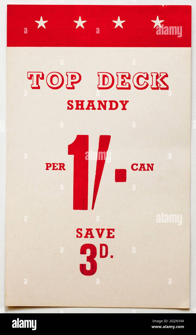 Vinatge 60s Shop Werbepreiskarte - Top Deck Shandy Stockfoto