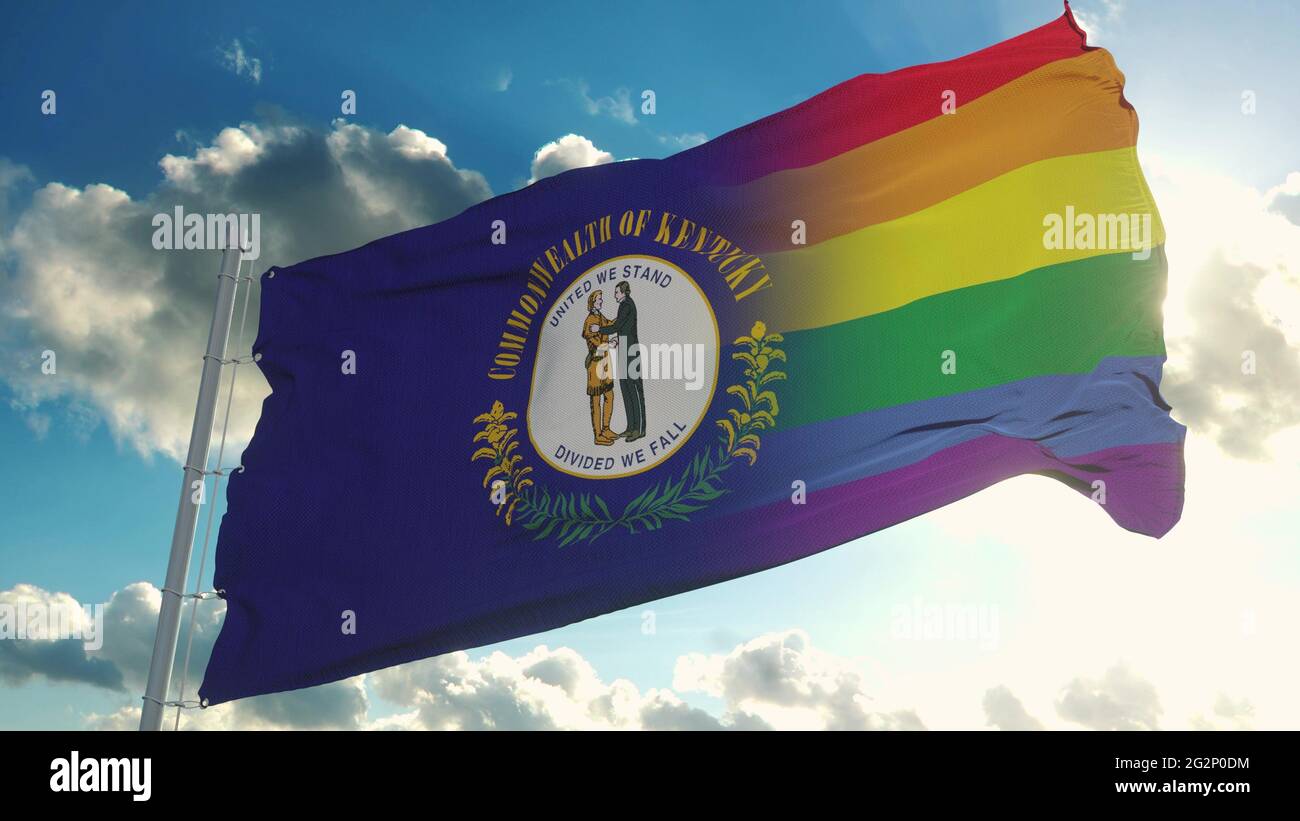 Flagge von Kentucky und LGBT. Kentucky und LGBT Mixed Flag winken im Wind. 3d-Rendering Stockfoto