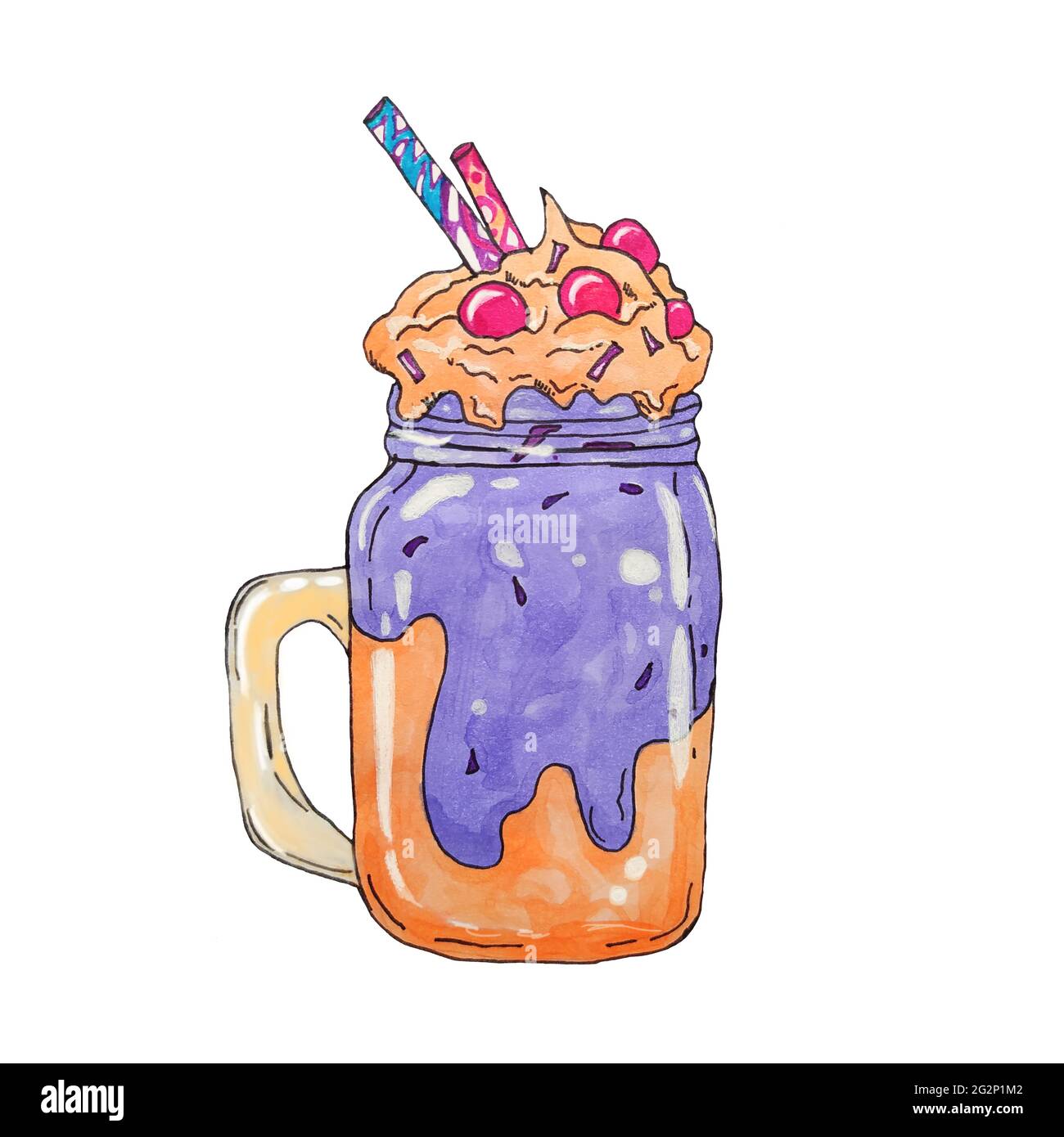 Handgezeichnetes Milchshake-element im süßen Design. Eiscreme, Milchshake, Eisbecher, Cupcake, Fruit-Freakshake mit Marschlösser, isoliert auf weißem Backgrou Stockfoto