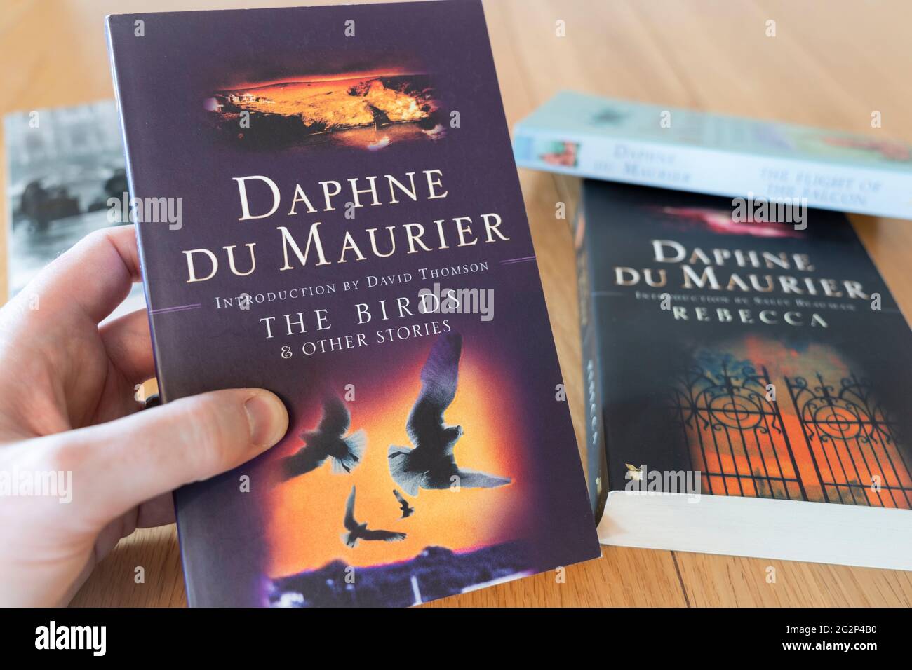 Eine Männerhand, die ein Taschenbuch der Vögel und anderen Geschichten hält, eine Sammlung von Geschichten der englischen Autorin Daphne du Maurier Stockfoto