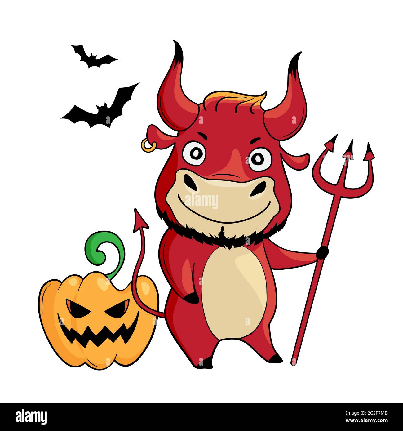 Cooler Bulle trägt rotes halloween-Outfit. Cartoon glücklich halloween niedlichen Stier mit Kürbis, Fledermäuse und Dreizack. Symbol von 2021. Vektorgrafik Stock Vektor