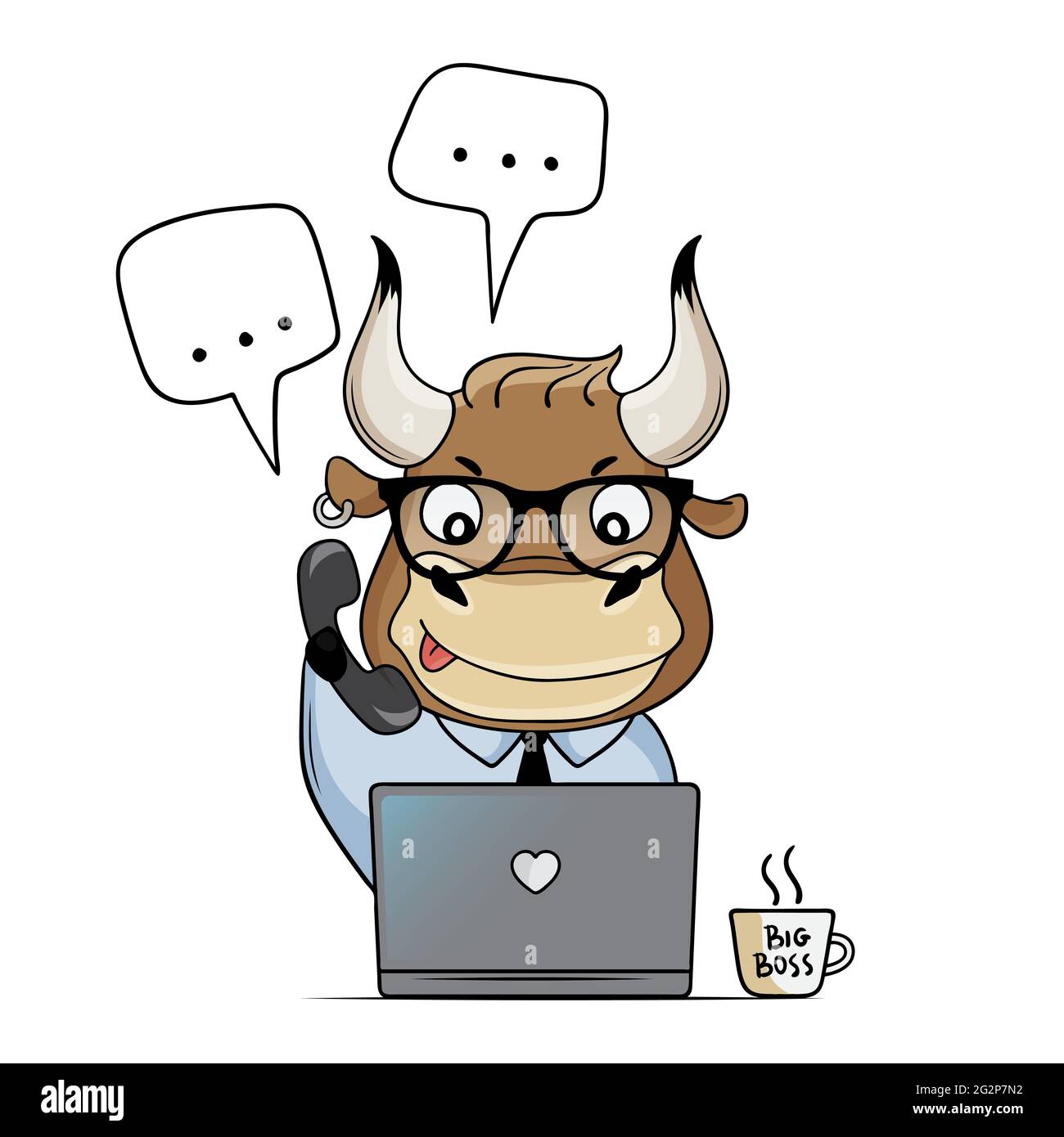 Сute Bull arbeitet im Büro mit einem Laptop. Cartoon Bull beantwortet Anrufe und Nachrichten. Symbol von 2021. Vektorgrafik Stock Vektor