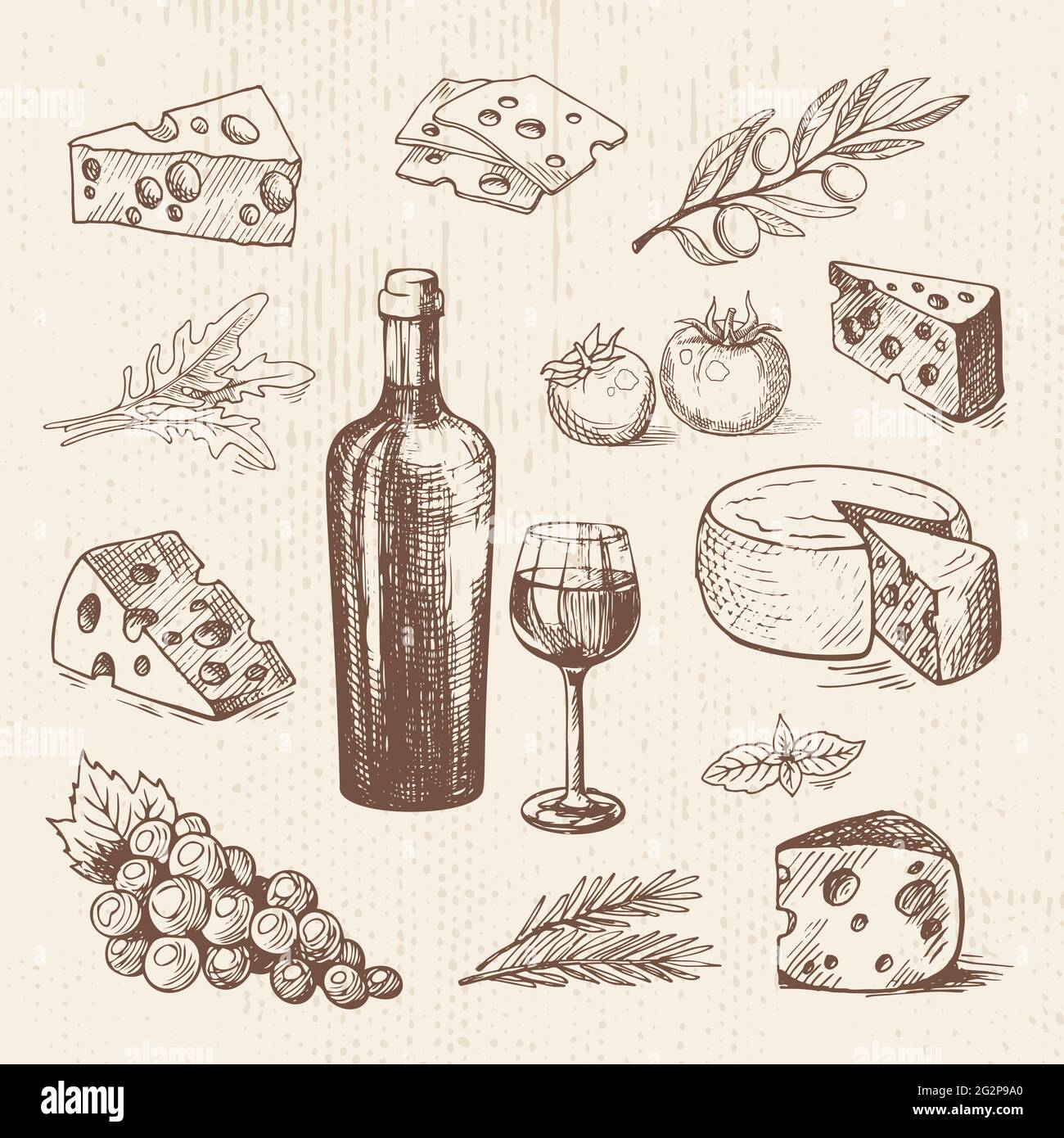 Handgezeichnetes Vektorset mit einer Flasche Wein, Trauben, Käse, Olivenzweig, Tomaten und Gemüse. Vektorskizze, Illustration für Bio-Lebensmittel. Stock Vektor