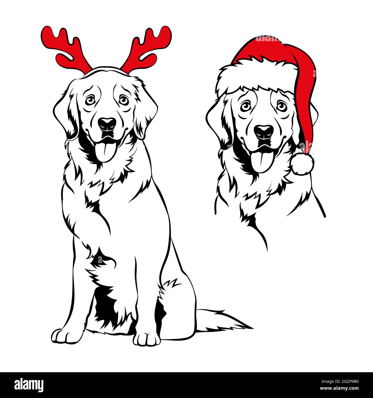 Golden Retriever mit rotem Rentiergeweih und Weihnachtsmütze. Weihnachten Labrador Hundeportrait. Vektorgrafik. Stock Vektor