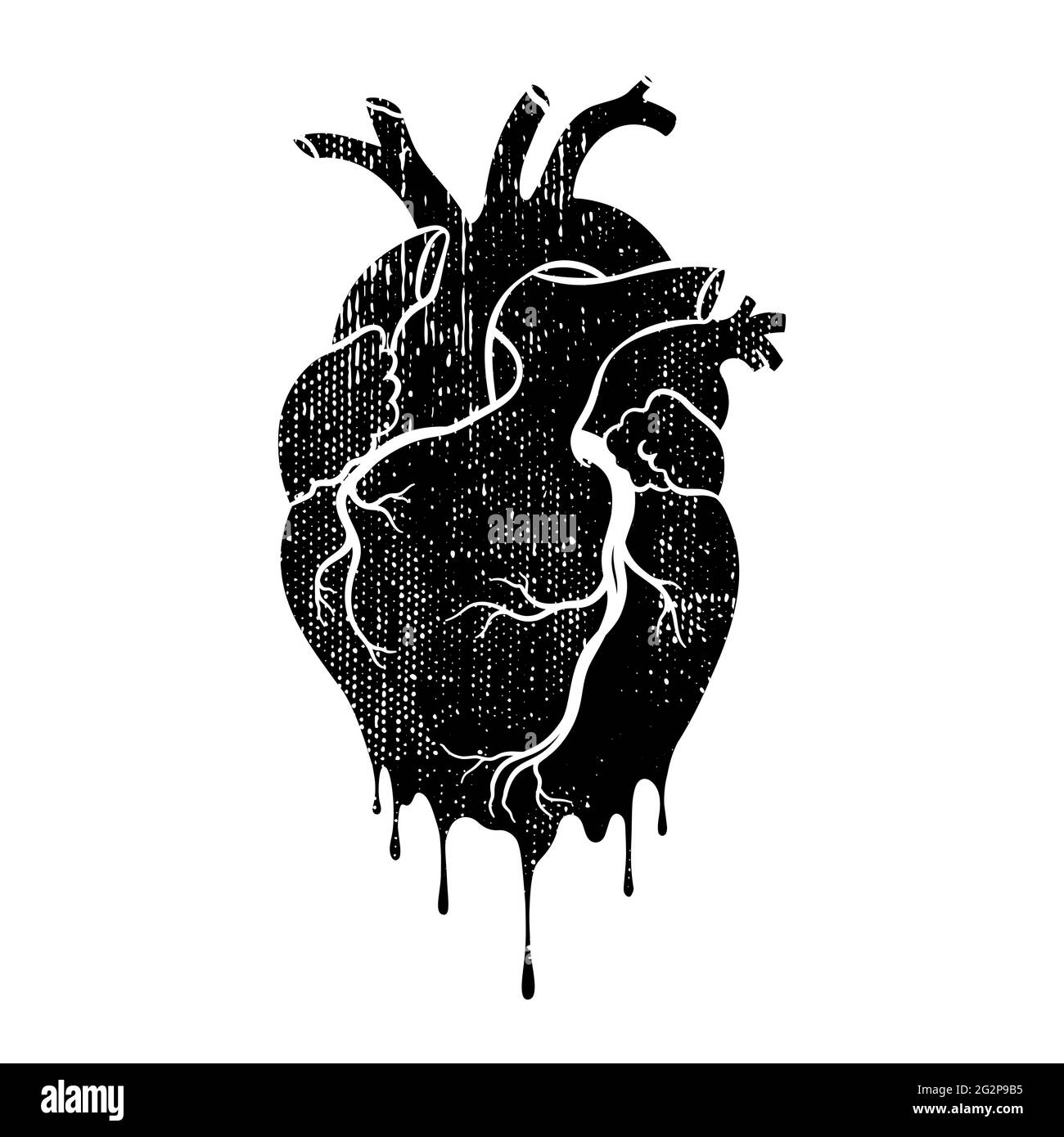 Grungen Sie das menschliche Herz. Anatomisch realistisches tropfendes Herz, Strichgrafiken, Vektorgrafik. Stock Vektor