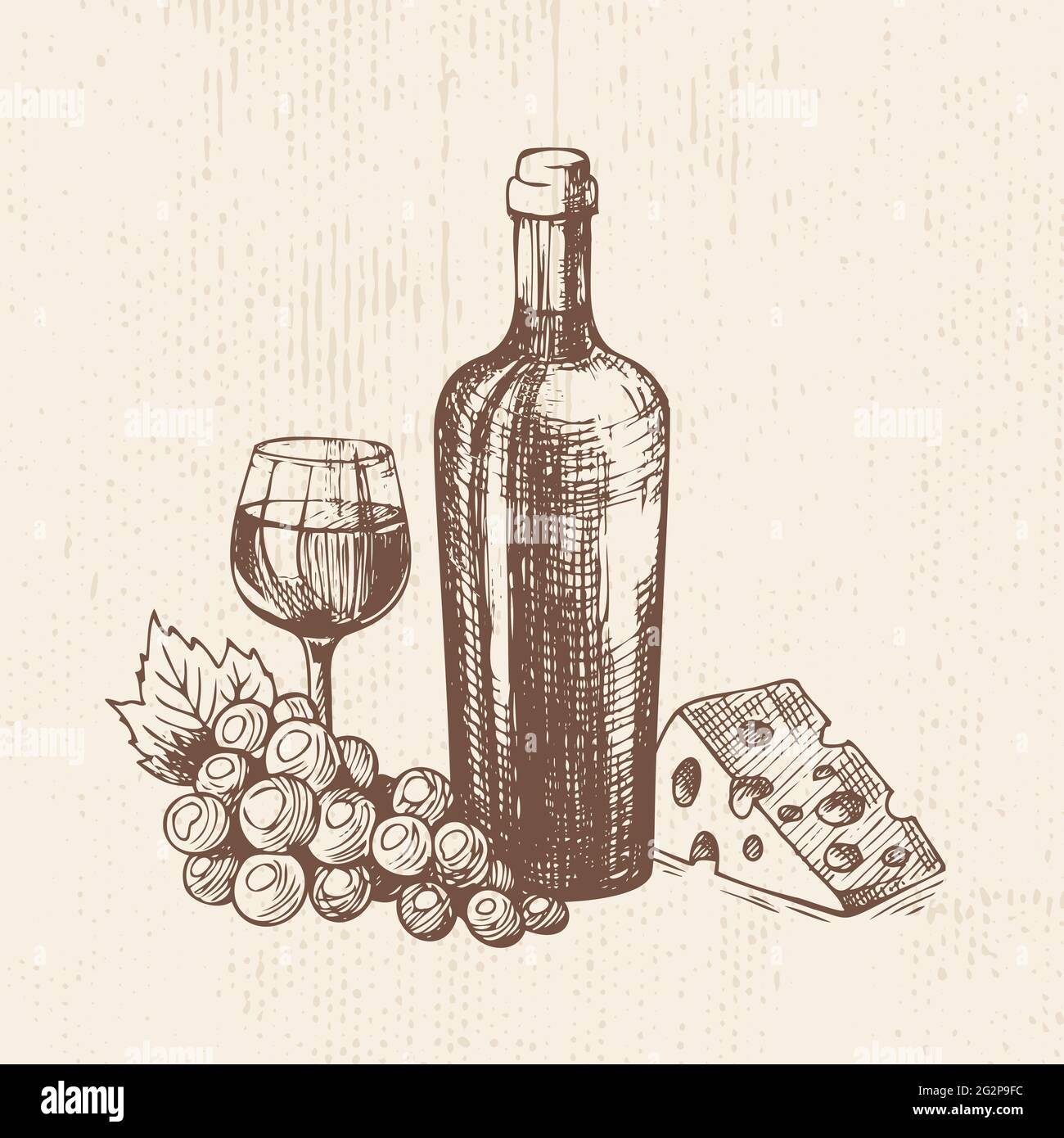 Handgezogene Flasche Wein mit einem Glas, Trauben und einem Stück Käse. Vektorskizze, Illustration für Bio-Lebensmittel. Stock Vektor