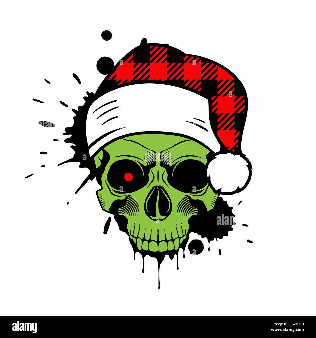 Grüner Totenkopf mit Weihnachtsmütze. Weihnachten 2020. Spritzer und Tropfen Farbe. Grunge Vektordarstellung. Stock Vektor