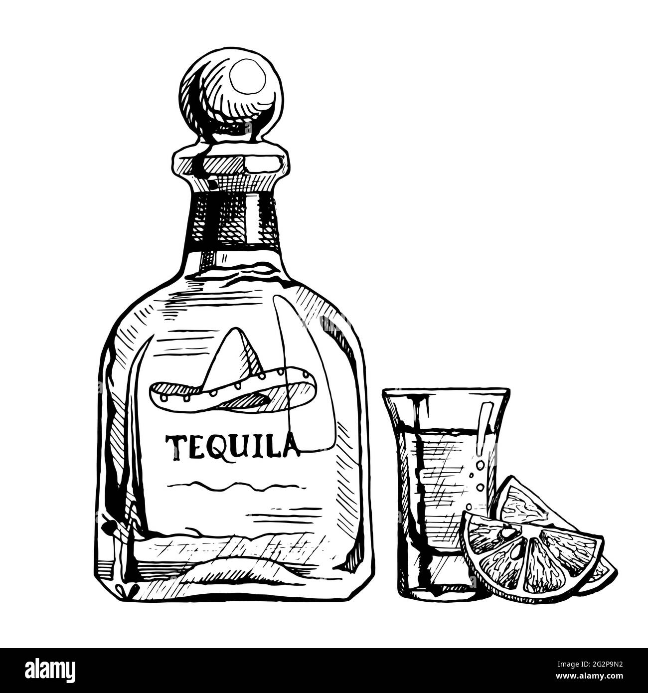 Handgezeichnete Flasche Tequila mit einem Glas und Zitronenscheiben. Vektorgrafik, Farbskizze. Stock Vektor