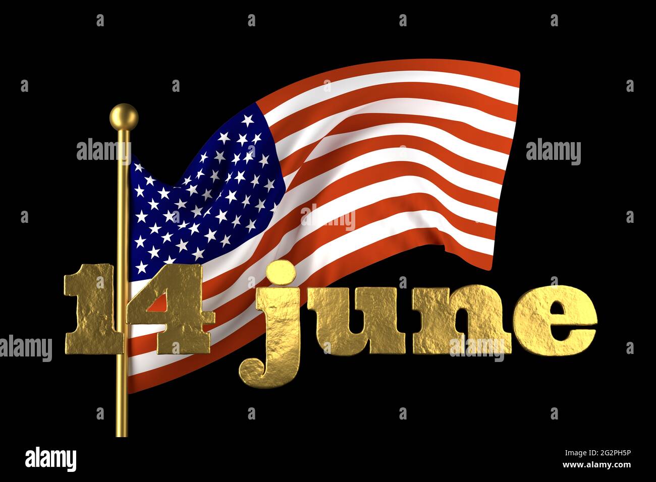 USA Flag Day . Vereinigte Staaten von Amerika national . Sterne und Streifen. 14. Juni American Great Old Glory Urlaub. 3D Abbildung. Goldener Schriftzug auf Stockfoto