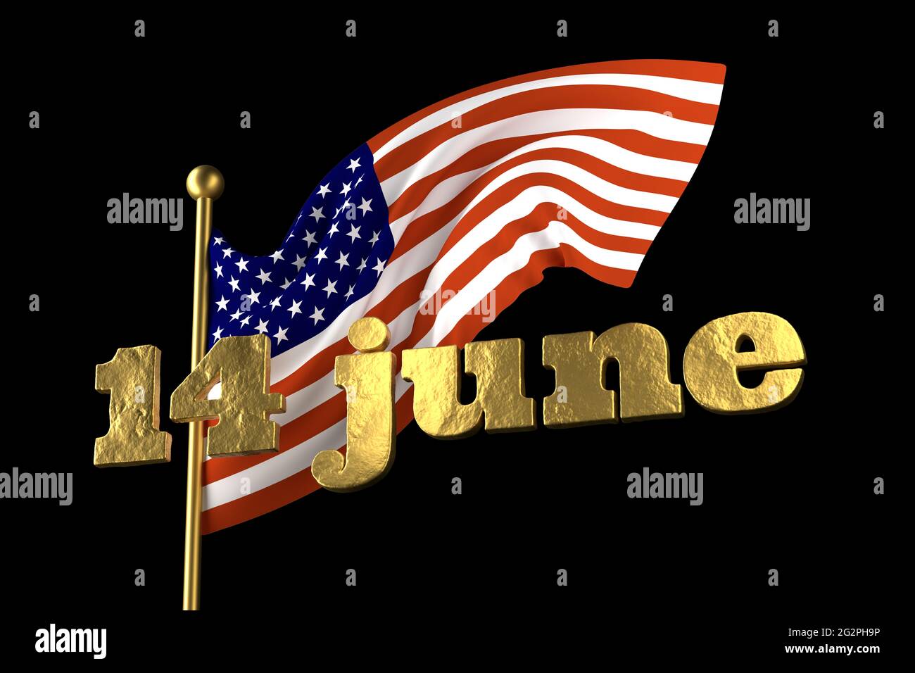 USA Flag Day . Vereinigte Staaten von Amerika national . Sterne und Streifen. 14. Juni American Great Old Glory Urlaub. 3D Abbildung. Goldener Schriftzug auf Stockfoto