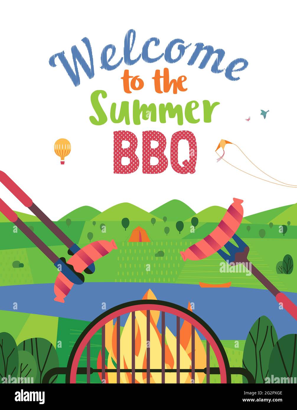Sommer-Outdoor-Konzept. Cartoon-Poster im Retro-Stil. Willkommen Einladung zum Grillpicknick. Stock Vektor