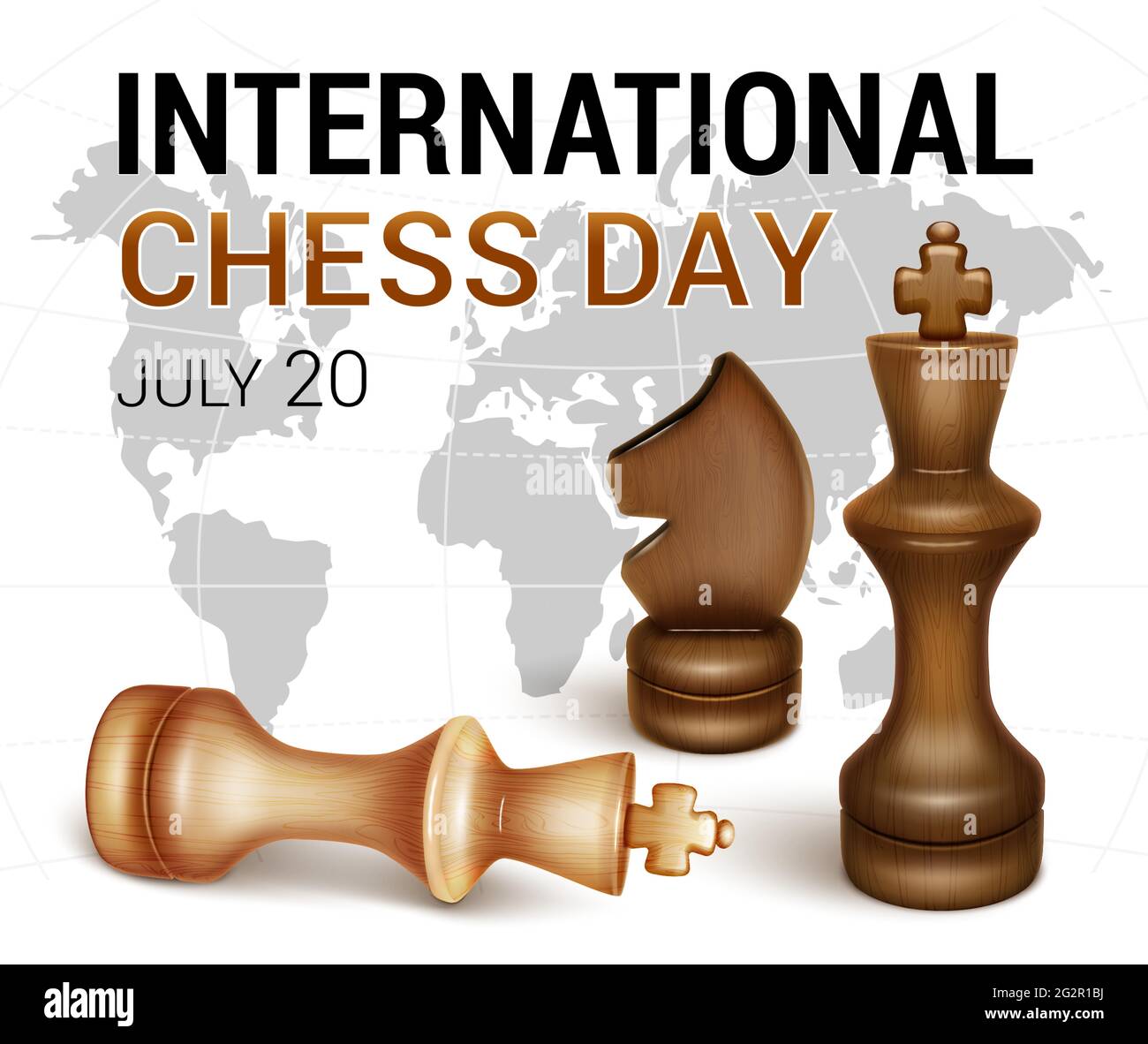 Banner International Chess Day. Schwarzer König der Stücke und weißer König besiegt. Die Figur eines schwarzen Pferdes. 3D realistischer Stil. vektor Stock Vektor