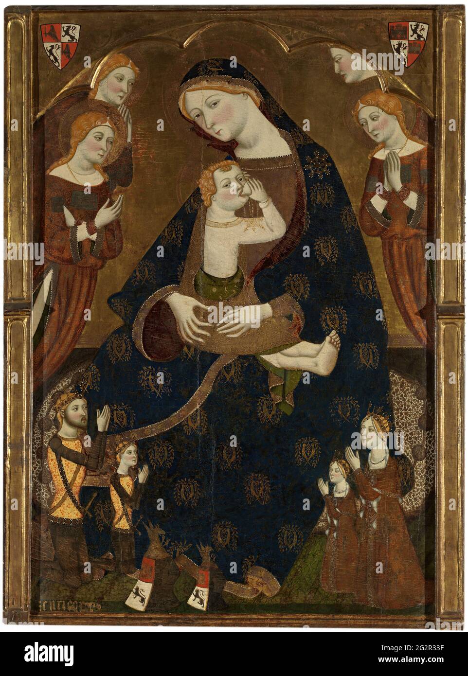 Jaume Serra - die Jungfrau von Tobed mit den Stiftern Enrique II. Von Kastilien seine Frau Juana Manuel und zwei ihrer Kinder Juan und Juana Stockfoto