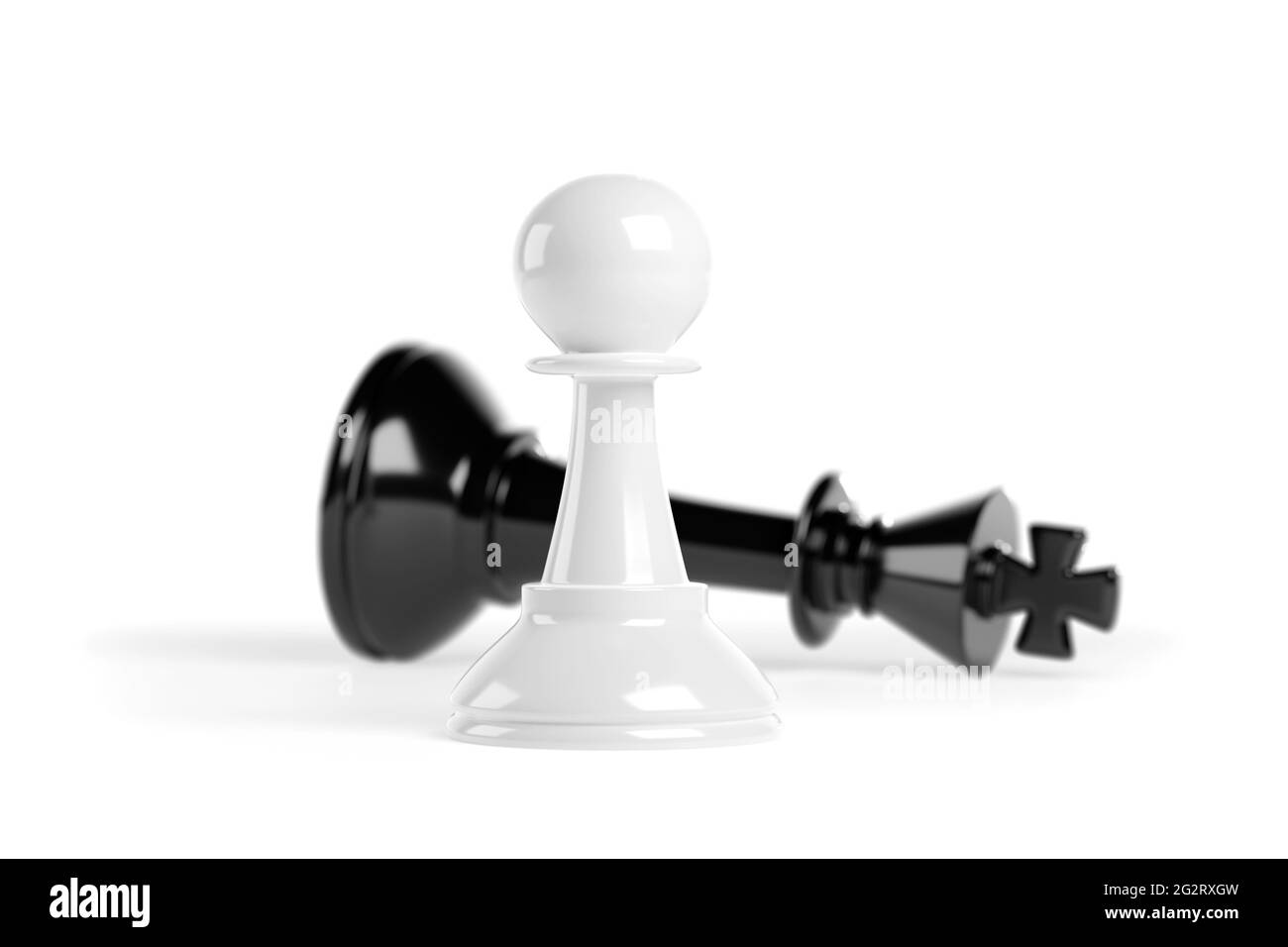 Schachfigur vor einem gefallenen König. Erfolgskonzept. 3d-Illustration. Stockfoto