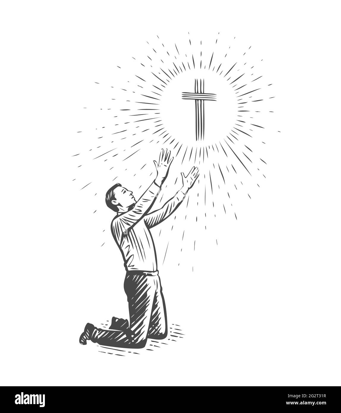 Mann kniet und betet zu Gott. Glaube, Gebetskonzept. Skizzenvektordarstellung Stock Vektor