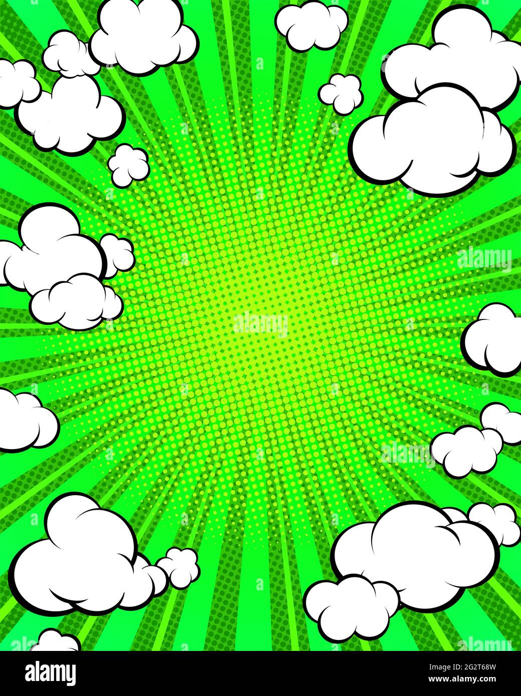 Pop Art vertikale Bannervorlage. Präsentation Ihres Produkts. Grüner Hintergrund mit radialen Strahlen und Wolken. Vektorgrafik. Stock Vektor