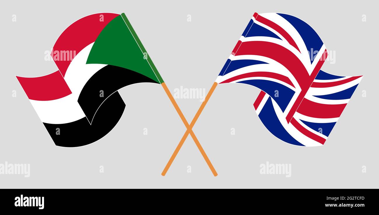 Gekreuzte und winkende Flaggen des Sudan und des Vereinigten Königreichs. Vektorgrafik Stock Vektor