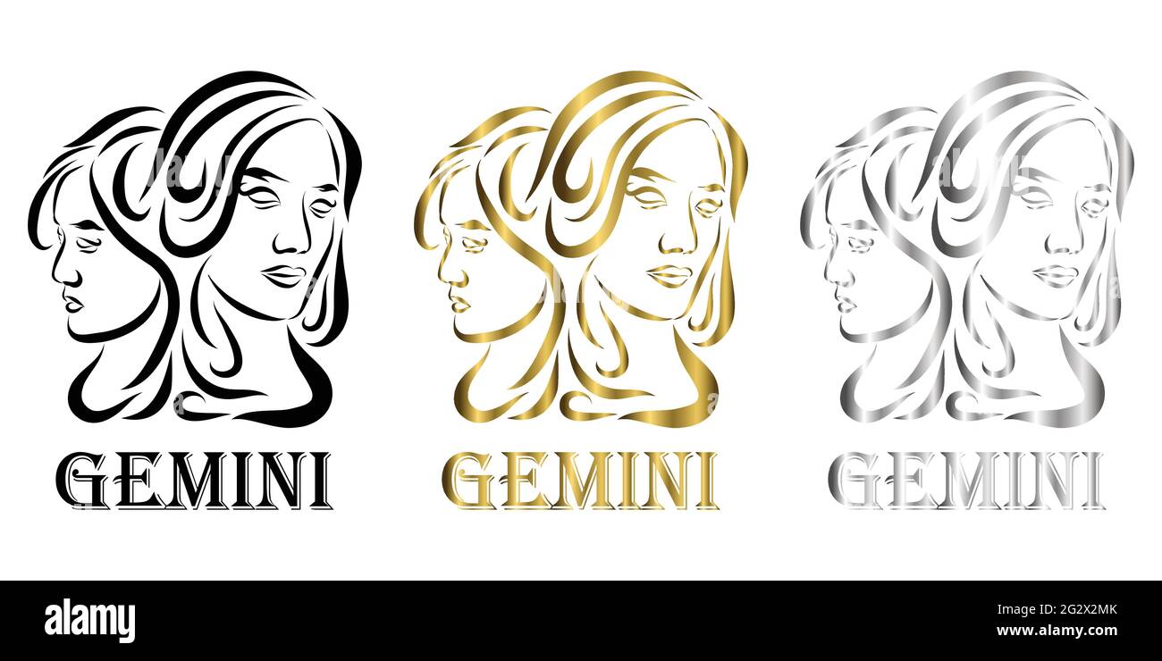 Linienvektor-Logo der Zwillingsfrauen Es ist Zeichen des zwillingszodiakus gibt Kunst drei Farbe schwarz Gold Silber Stock Vektor