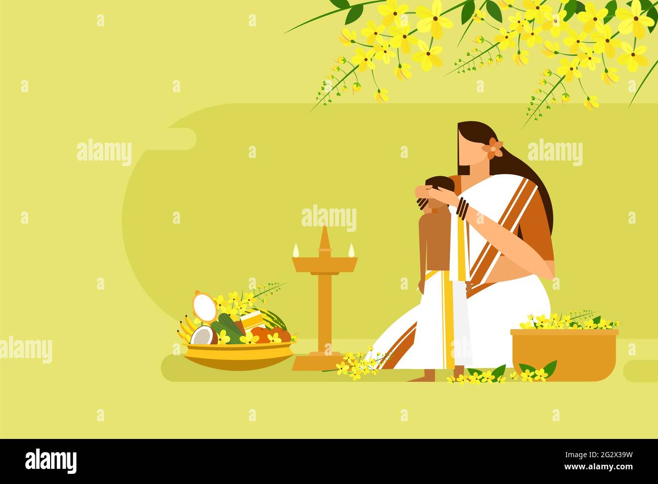 Mutter verhüllt ihren Sohn vor verheißungsvollen Gegenständen. Ein traditionelles Ritual während des Vishu-Festivals in Kerala Stock Vektor