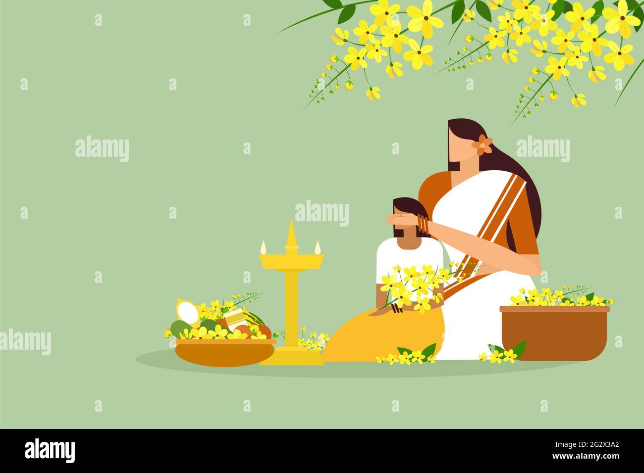 Mutter blindet ihre Tochter vor verheißungsvollen Dingen. Eine traditionelle Geste beim Vishu-Fest in Kerala Stock Vektor