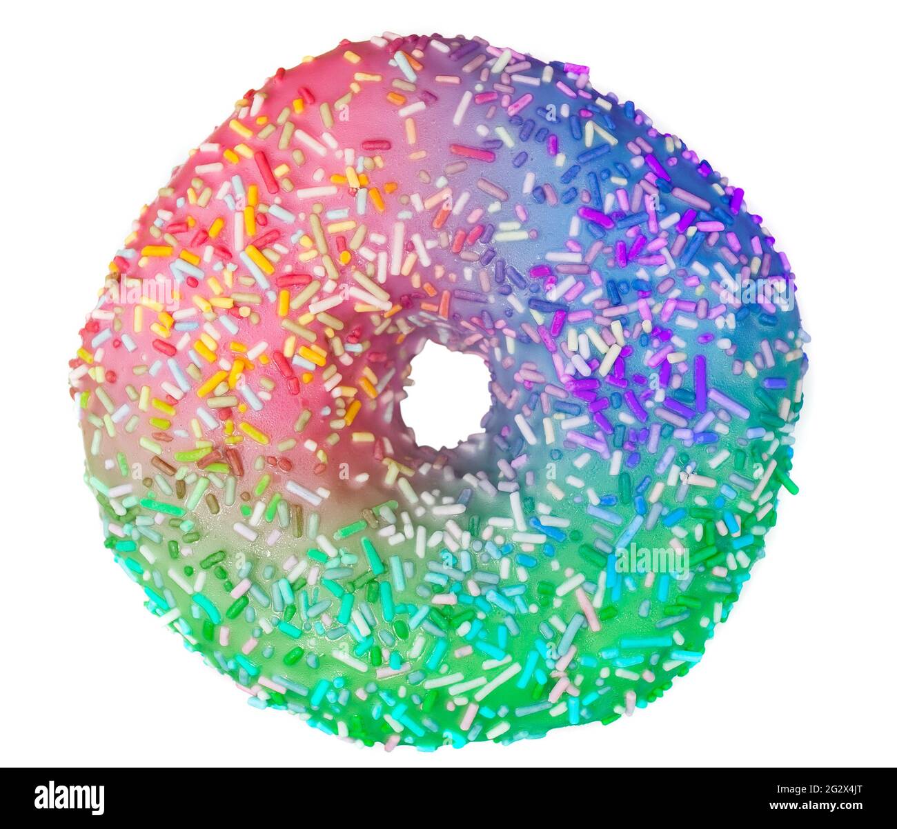 Süßer Donut in Regenbogenfarben, leckeres Essen oder Dessert isoliert auf weißem Hintergrund Stockfoto