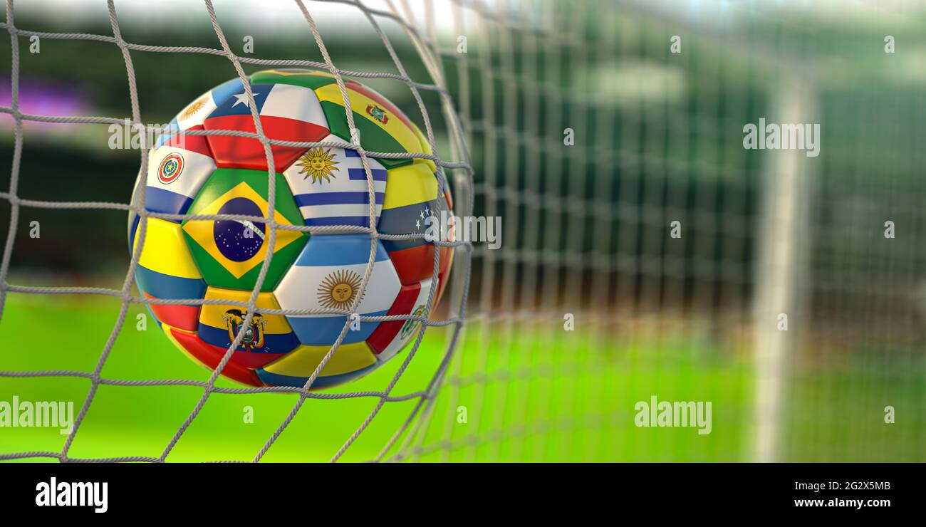 Fußball Fußballball mit Flaggen der südamerikanischen Länder im Netz