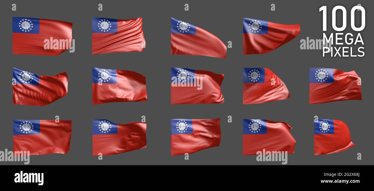 Viele verschiedene Bilder von Myanmar Flagge isoliert auf grauem Hintergrund - 3D-Darstellung des Objekts Stockfoto