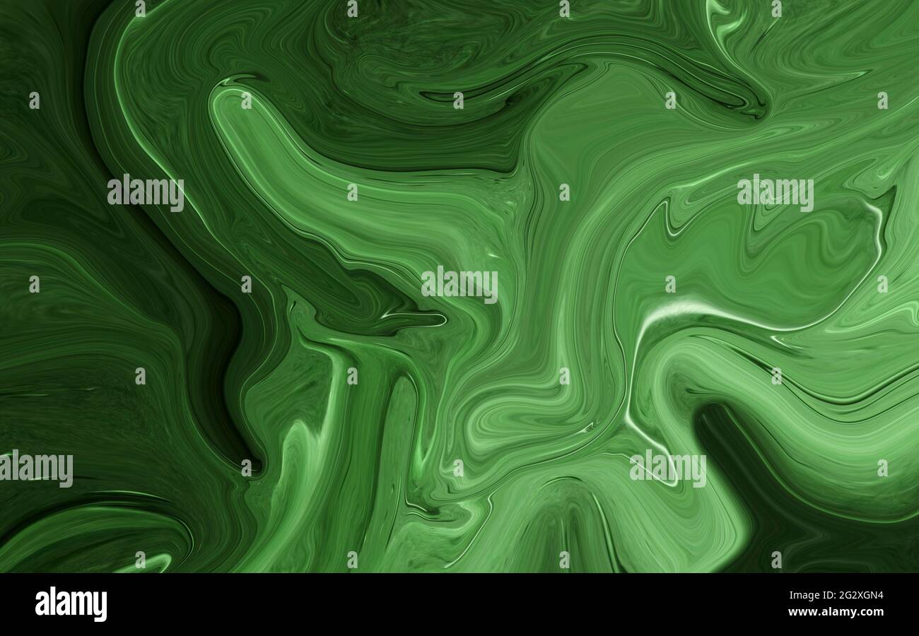 Grün Psychedelische Flüssigkeit Marmor Flüssigkeit abstrakte Kunst Hintergrund Design. Trendiger, flüssiger Marmor-Stil. Ideal für Web, Werbung, Drucke, Tapeten. Stockfoto
