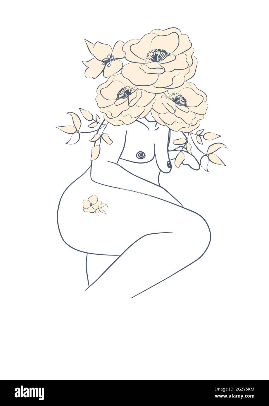 Silhouette einer Frau, weiblicher Körper, körperpositiv, kosmetisches Konzept mit Blumen, trendy beige, Schablone Stock Vektor
